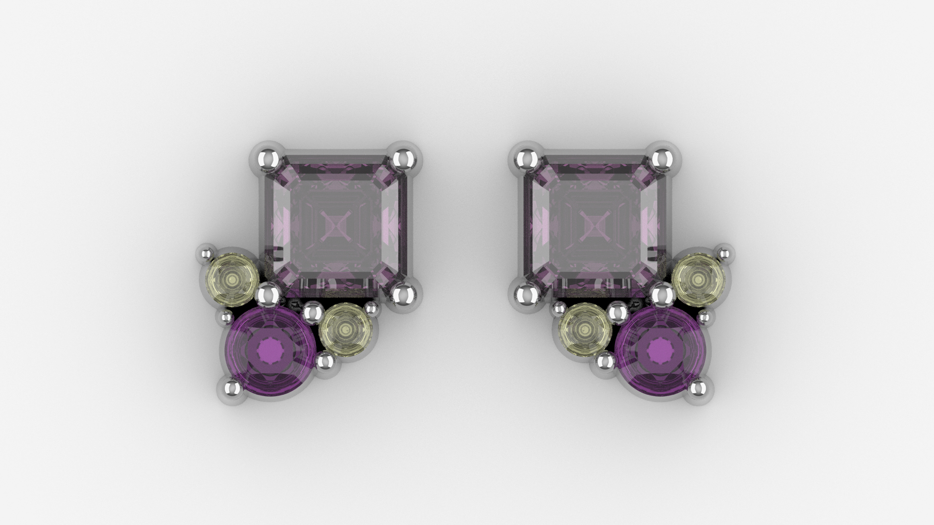 CAD render of asscher amethyst stud earrings with citrine and pink sapphire accents