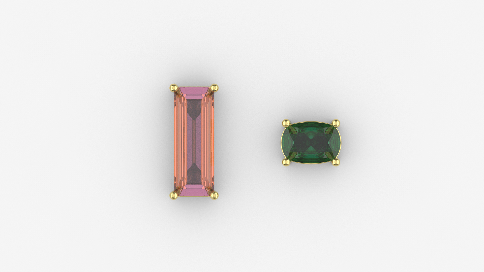 CAD render of baguette pink tourmaline and cushion emerald studs