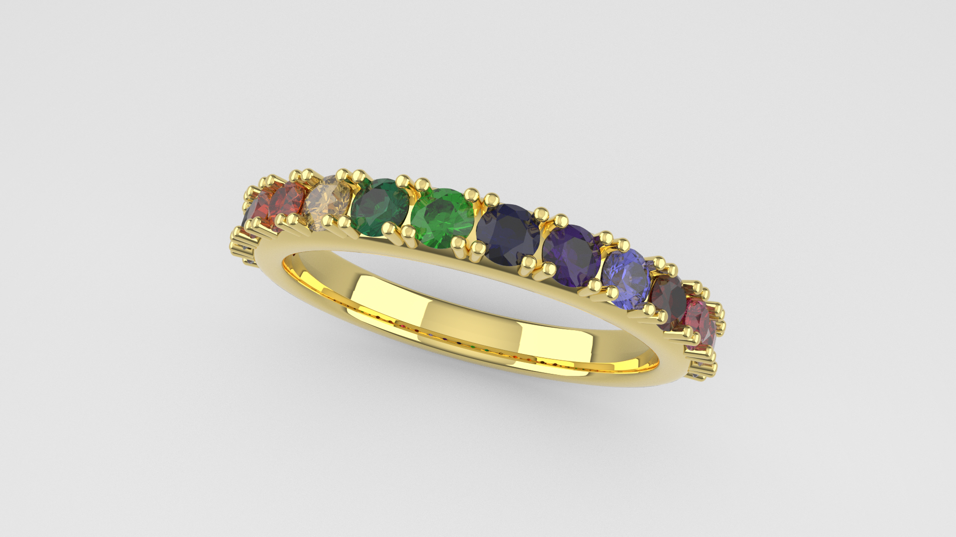 CAD render of rainbow sapphire eternity band in yellow gold
