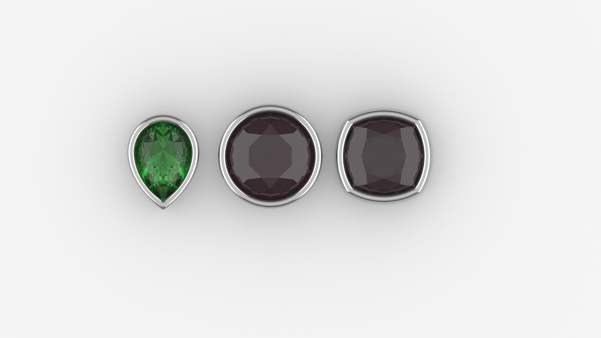 CAD render of pear emerald and two bezel-set garnet pendants