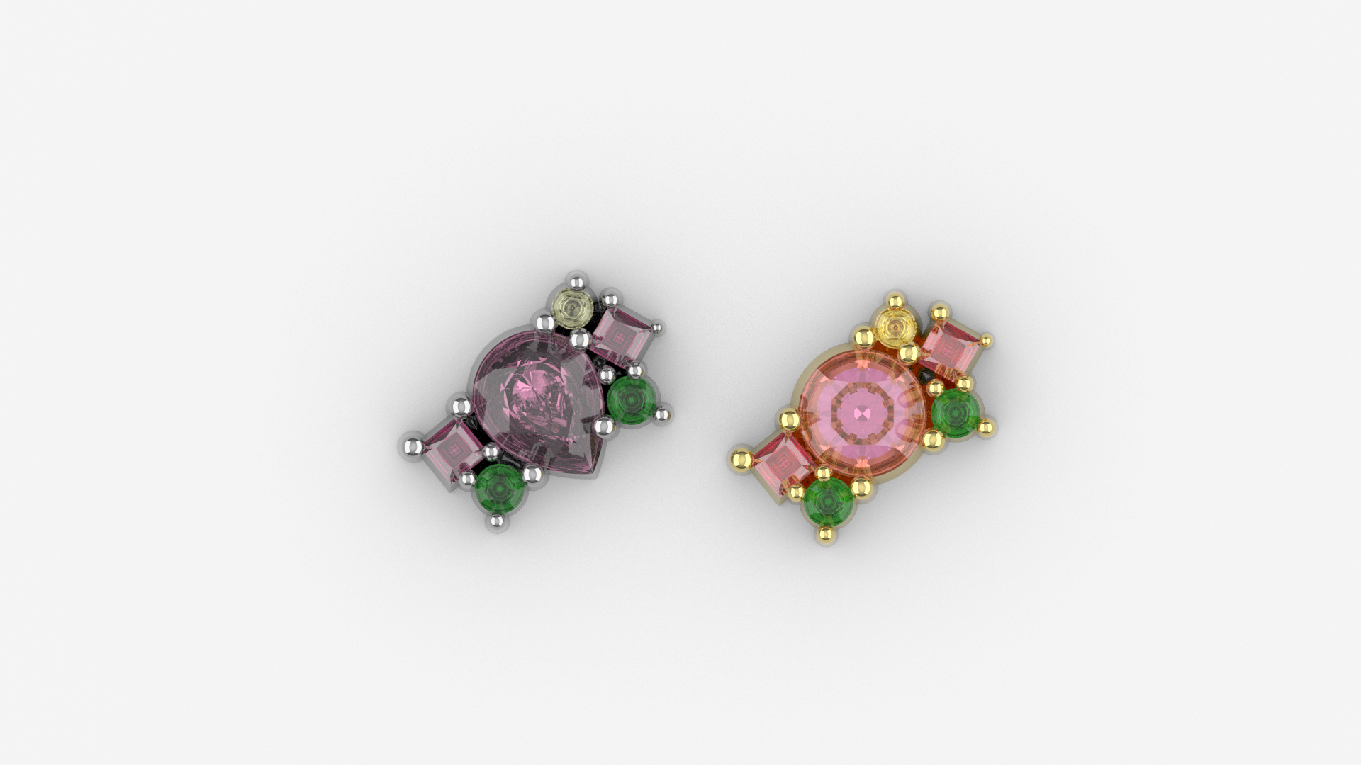 CAD render of mixed-gem cluster earrings with pink, green, and yellow stones