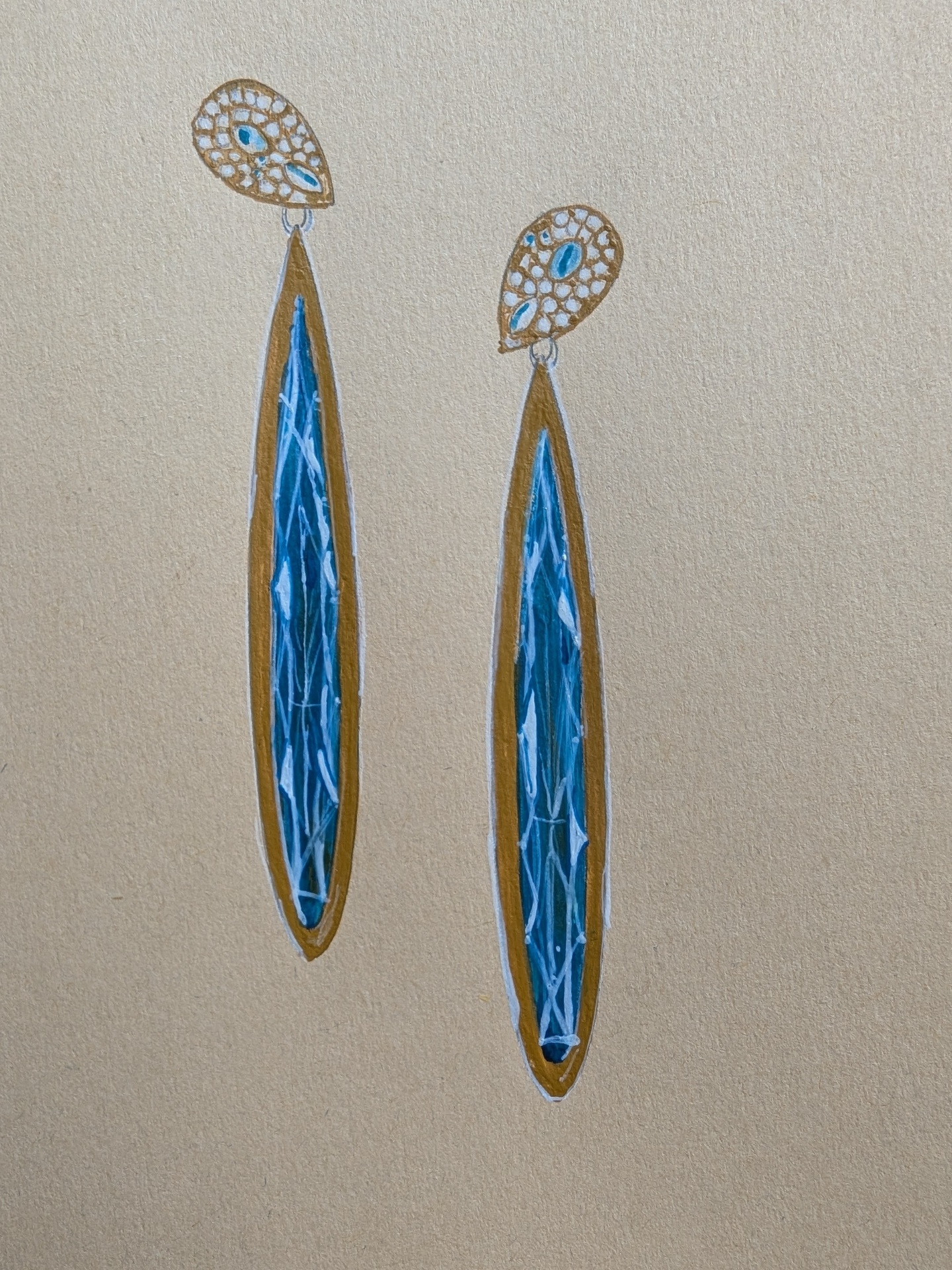 Painted study of long marquise blue topaz drop earrings with gold-framed pavé teardrop tops
