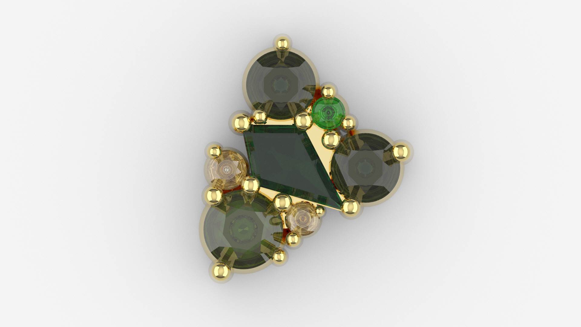 CAD render of kite-cut green tourmaline cluster pendant in yellow gold