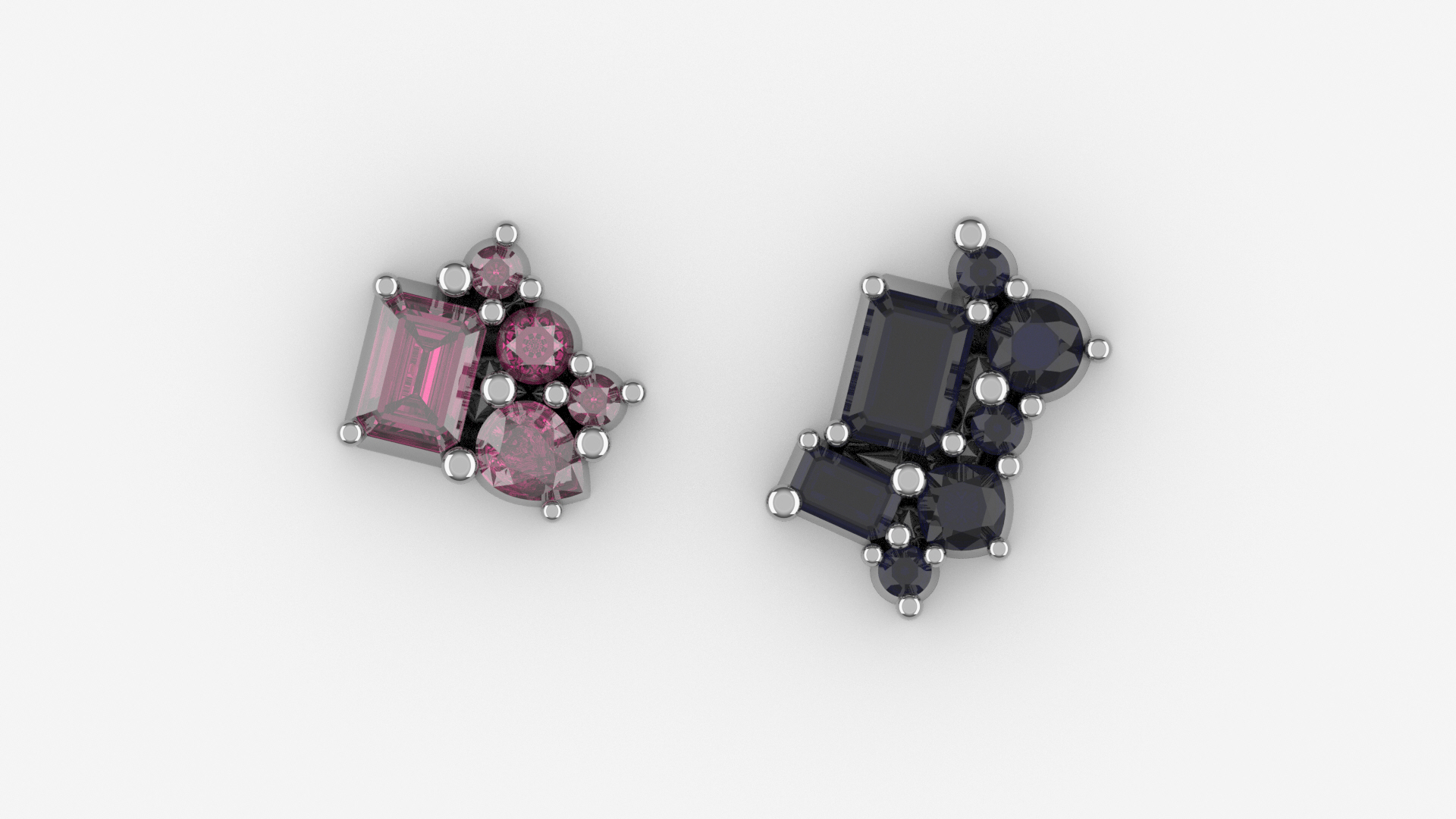 CAD render of pink tourmaline and black spinel cluster earrings