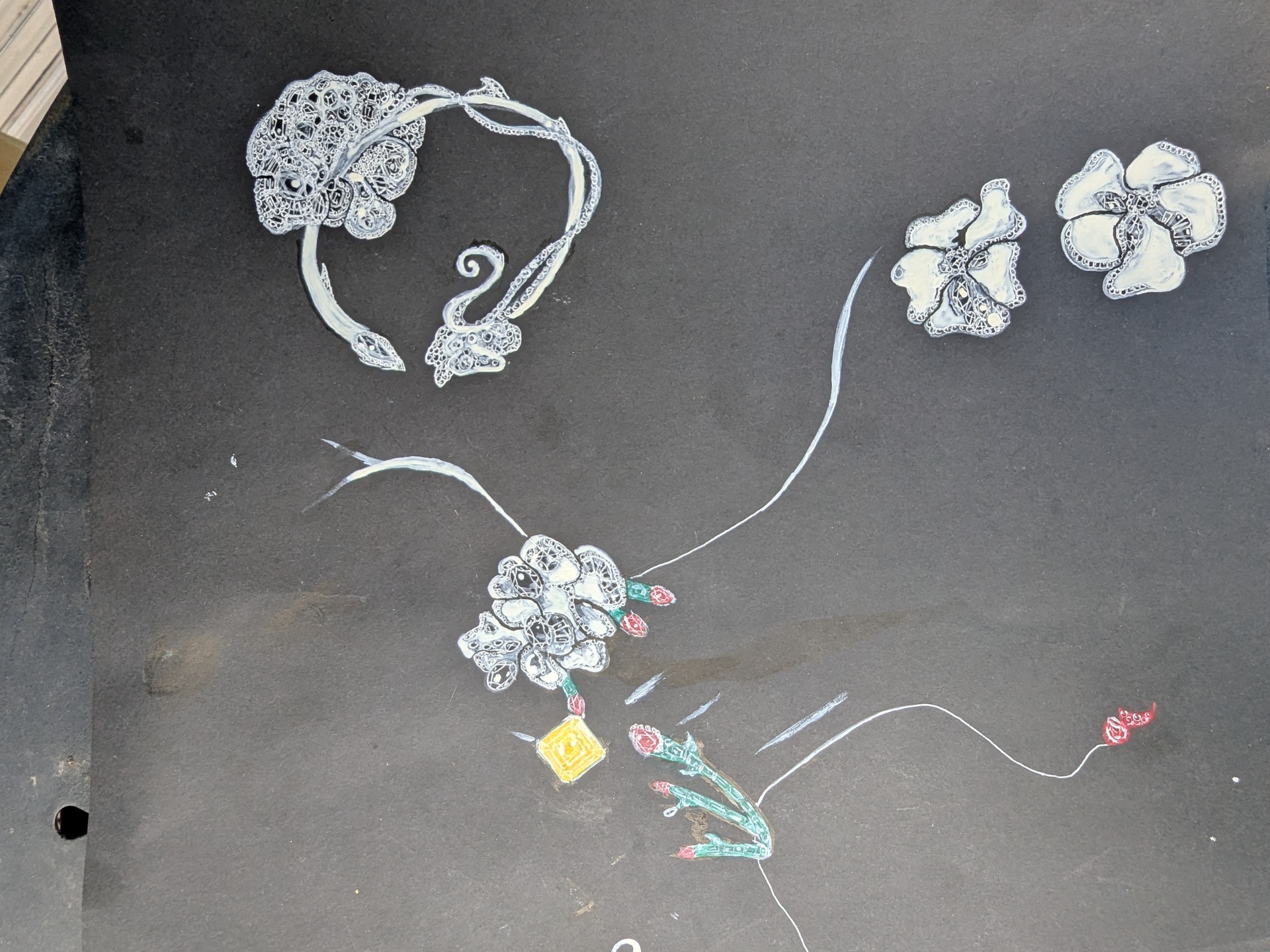 Sketch composition of cuff, orchid earrings, and a yellow diamond ring