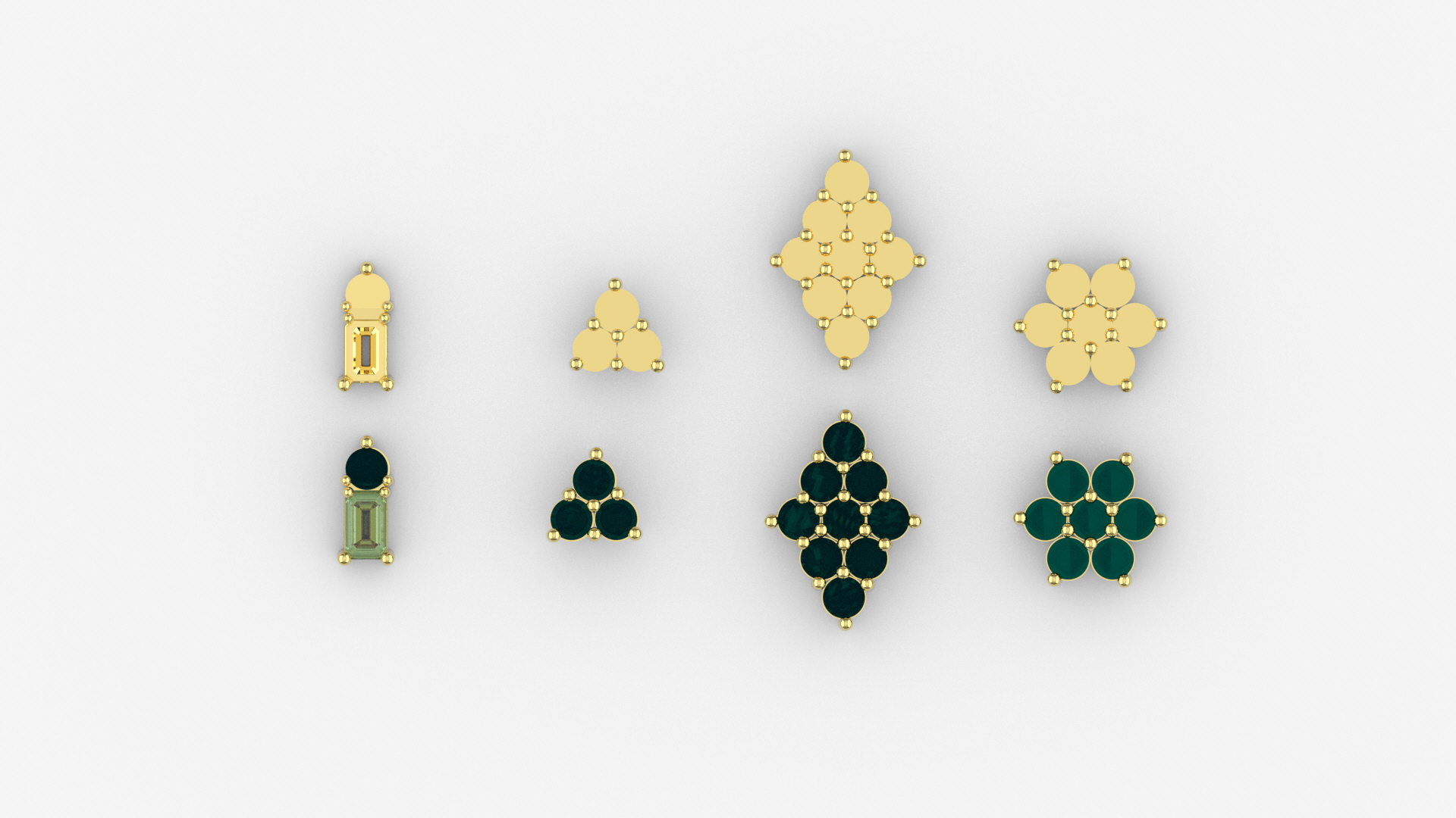 CAD layout of turquoise and emerald cluster motifs in yellow gold