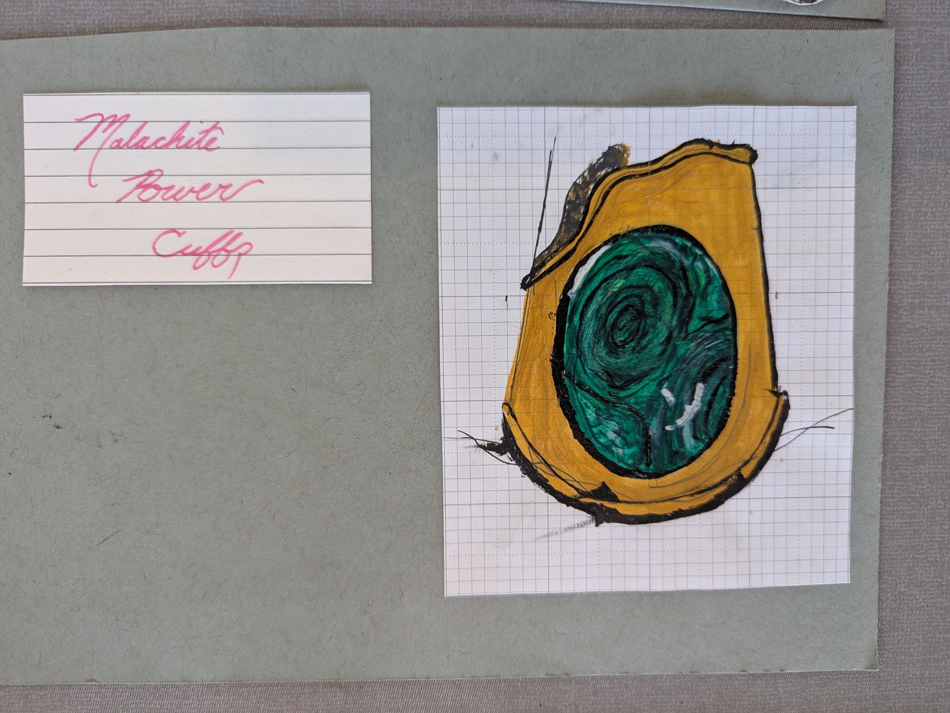 Malachite Power Cuff — painted study of a malachite cabochon in a gold bezel
