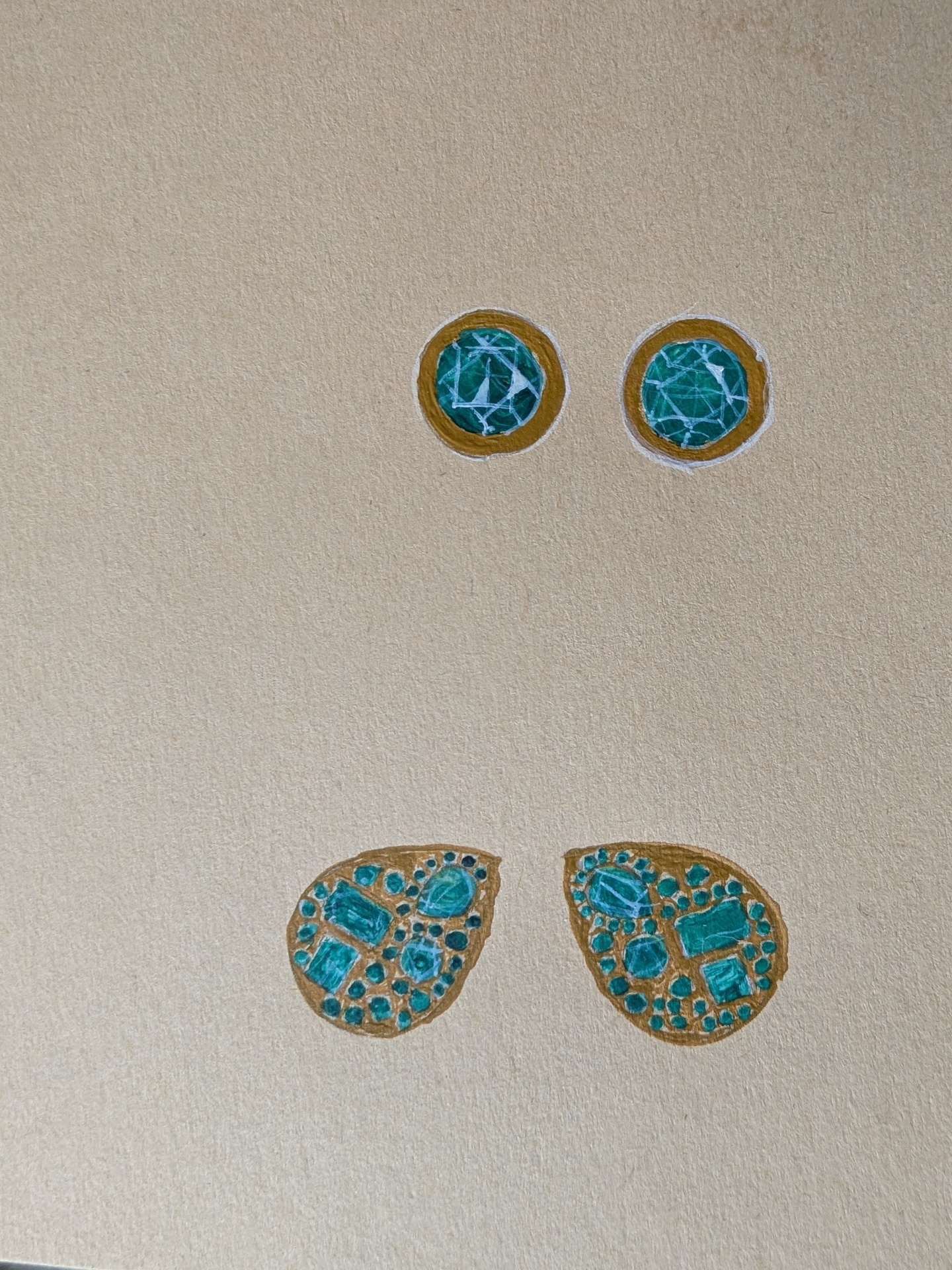 Emerald jewelry studies — round bezel-set stud earrings and gold teardrop earrings paved with green gems
