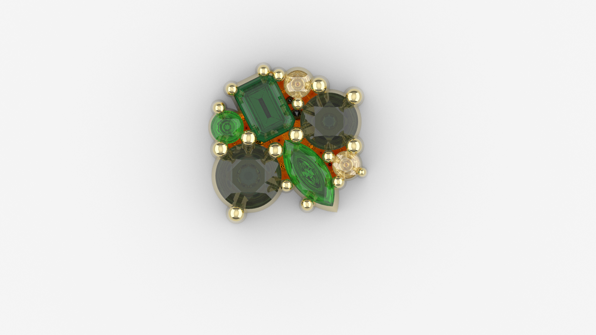 CAD render of emerald and diamond cluster pendant in yellow gold